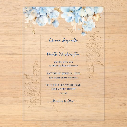 Invitations En Acrylique Or floral bleu poussiéreux (Recto)