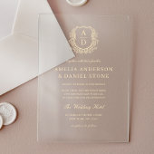 Invitations En Acrylique Or Floral Crest Monogramme Mariage Élégant