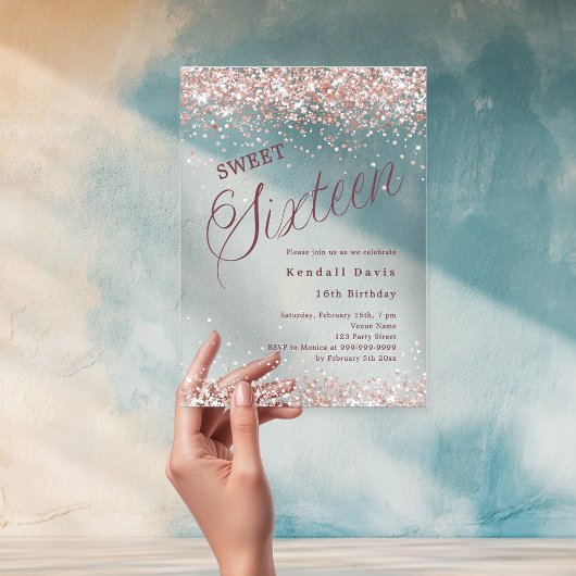 Invitations En Acrylique Or rose script moderne Sweet 16 clair
