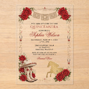 Invitations En Acrylique Or Rouge Cheval Occidental Floral Charra Quinceañe