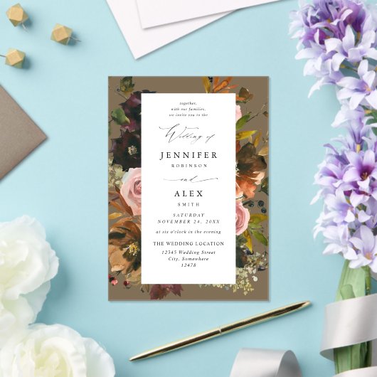 Invitations En Acrylique Or Rustique, violet & rose floral 4 Taupe (Insitu (Mariage))