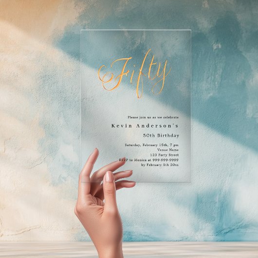 Invitations En Acrylique Or script 50e anniversaire clair