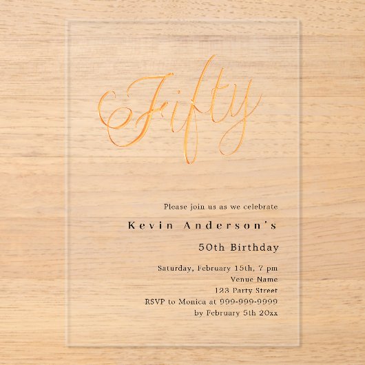 Invitations En Acrylique Or script 50e anniversaire clair (Recto)