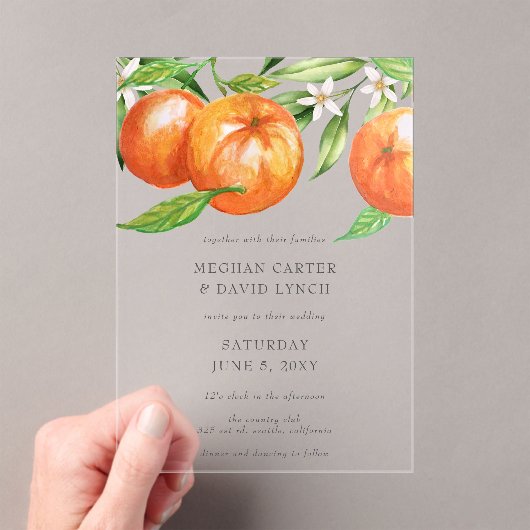 Invitations En Acrylique Orange Blossoms Citrus Mariage botanique (In situ (ordinateur de poche))