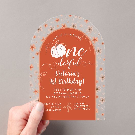 INVITATIONS EN ACRYLIQUE ORANGE BOW & ARCH FALL PUMPKIN FLOWERS BIRTHDAY (In situ (ordinateur de poche))