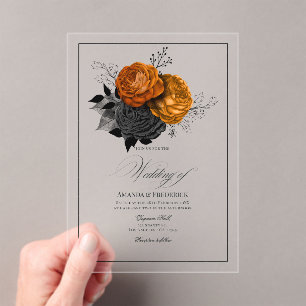 Invitations En Acrylique Orange gothique transparent et Mariage floral noir