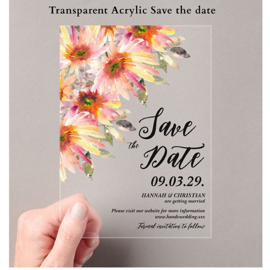 Invitations En Acrylique Orange jaune Floral Enregistrer la date