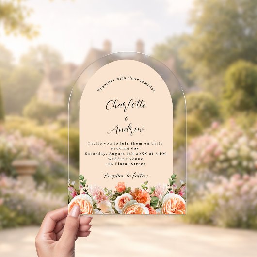 Invitations En Acrylique Orange pink peach florals arch clear wedding