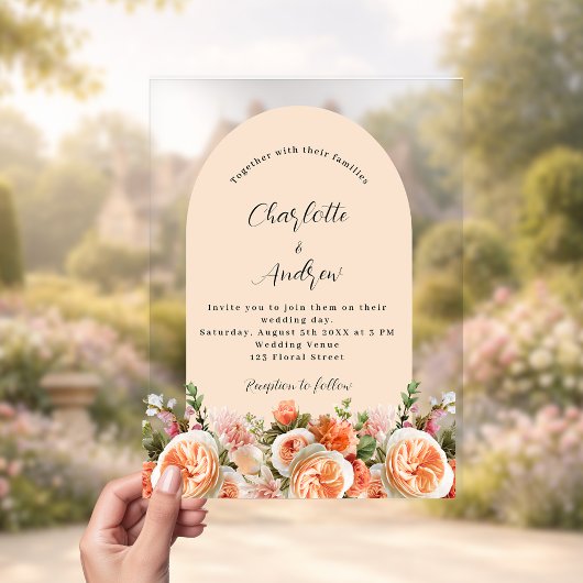 Invitations En Acrylique Orange rose florale mariage clair