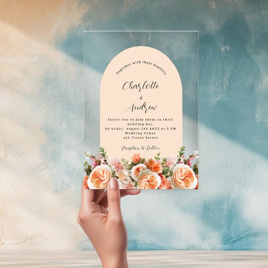 Invitations En Acrylique Orange rose florale mariage clair