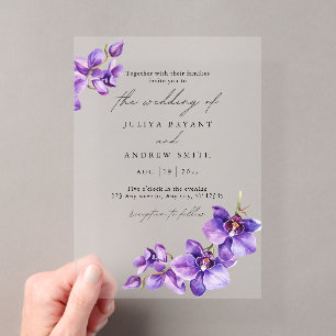 Invitations En Acrylique Orchidée violette en écriture blanche pour mariage