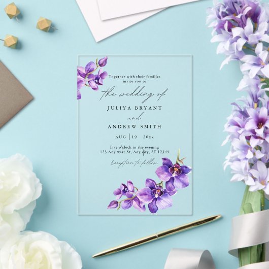 Invitations En Acrylique Orchidée violette en mariage de script blanc (Insitu (Mariage))