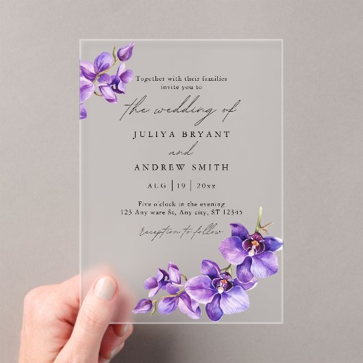 Invitations En Acrylique Orchidée violette en mariage de script blanc (In situ (ordinateur de poche))
