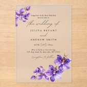 Invitations En Acrylique Orchidée violette en mariage de script blanc (Recto)