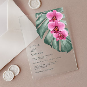Invitations En Acrylique Orchidées Monstera Rose Chaud Mariage Floral Tropi