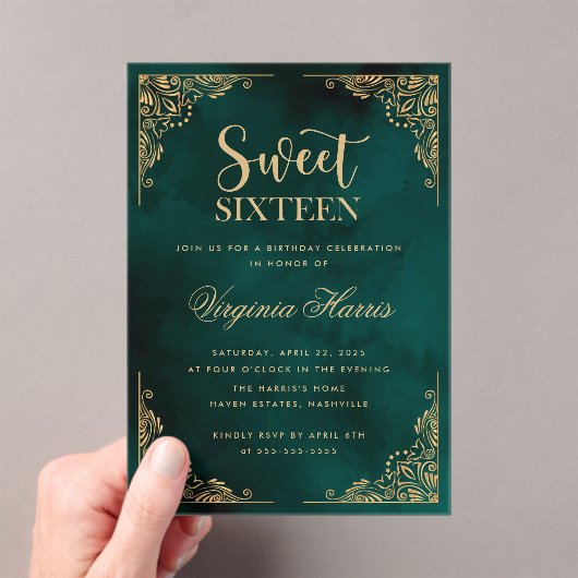 Invitations En Acrylique Ornate or Bordure verte Sweet sixteen 16 Anniversa (In situ (ordinateur de poche))
