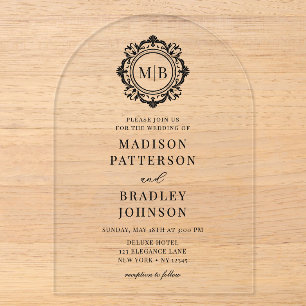 Invitations En Acrylique Orné Monogramme Floral Mariage Élégant Noir