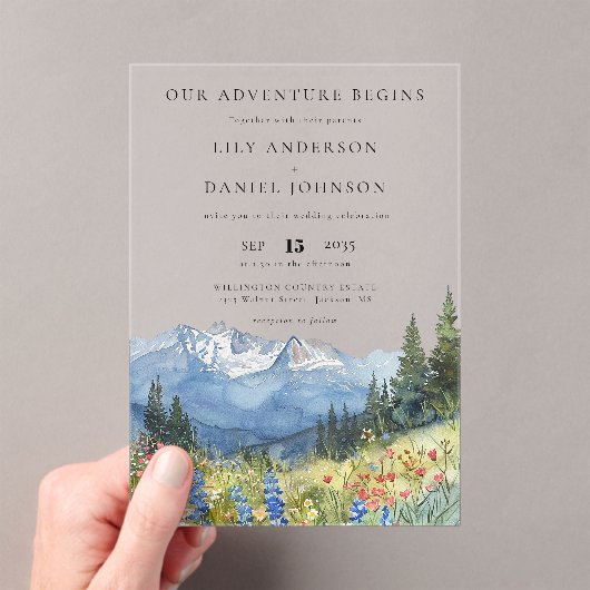Invitations En Acrylique Our Adventure Mountain Wildflowers Floral Wedding (In situ (ordinateur de poche))