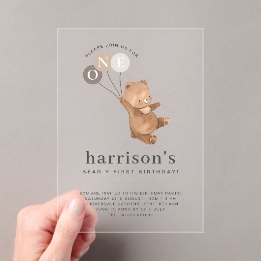 Invitations En Acrylique Ours avec 3 ballons Brown 1er anniversaire (In situ (ordinateur de poche))