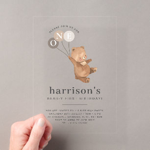 Invitations En Acrylique Ours avec 3 Ballons Marrons 1er Anniversaire
