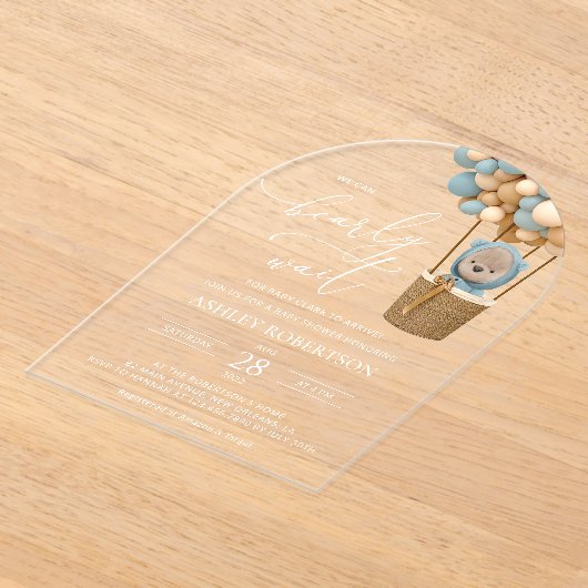Invitations En Acrylique Ours, Ballons Bleus, Ballons à Air Chaud, Baby sho (Poser)