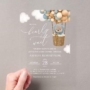 Invitations En Acrylique Ours, Ballons Bleus, Montgolfière, Baby Shower