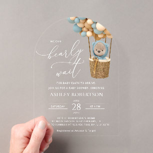 Invitations En Acrylique Ours, Ballons Bleus, Montgolfière, Baby Shower