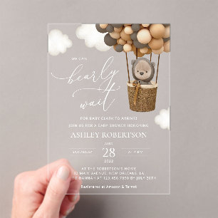 Invitations En Acrylique Ours, Ballons Brown, Ballons à air chaud, Baby sho