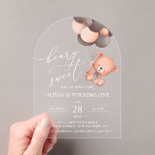 Invitations En Acrylique Ours, Ballons Brown, Premier Anniversaire