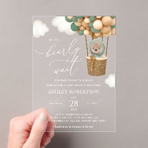 Invitations En Acrylique Ours, Ballons verts, Ballons à air chaud, Baby sho