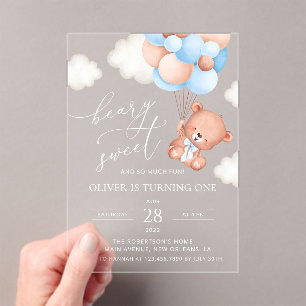 Invitations En Acrylique Ours Bébé, Ballons Bleus, Premier anniversaire