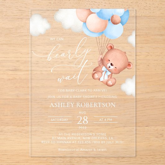 Invitations En Acrylique Ours Brun Bébé, Ours en Peluche, Ballons Bleus, Fê (Recto)