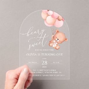 Invitations En Acrylique Ours De Bébé, Ballons Roses, Premier Anniversaire