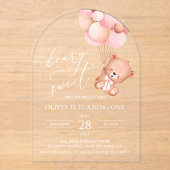 Invitations En Acrylique Ours De Bébé, Ballons Roses, Premier Anniversaire (Recto)