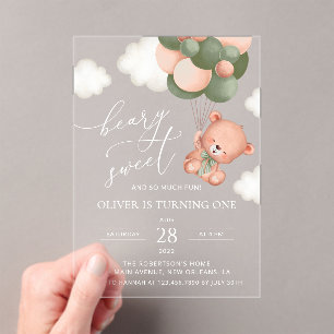 Invitations En Acrylique Ours de bébé, Ballons verts, Premier anniversaire