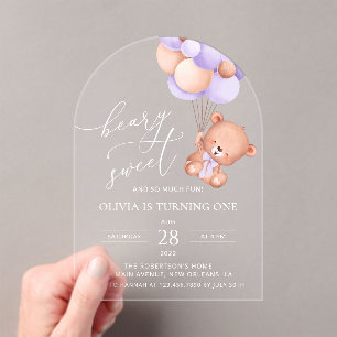 Invitations En Acrylique Ours De Bébé, Ballons Violets, Premier Anniversair