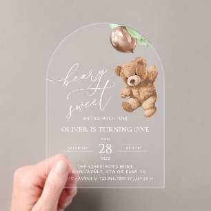 Invitations En Acrylique Ours En Conflit, Ballons Verts, Premier Anniversai
