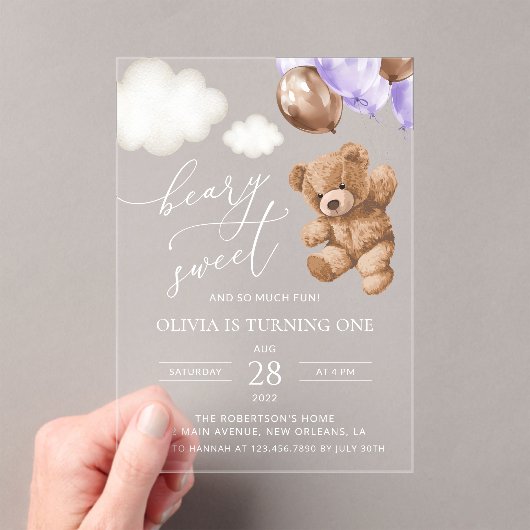 Invitations En Acrylique Ours En Jeu, Ballons Violets, Premier Anniversaire (In situ (ordinateur de poche))