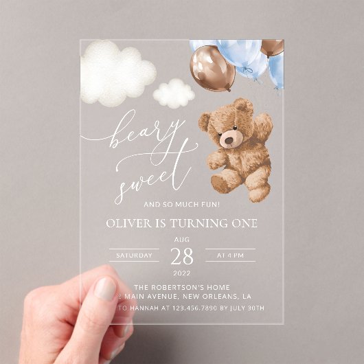Invitations En Acrylique Ours En Joue, Ballons Bleus, Premier Anniversaire (In situ (ordinateur de poche))