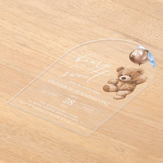 Invitations En Acrylique Ours En Joue, Ballons Bleus, Premier Anniversaire (Poser)