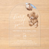 Invitations En Acrylique Ours En Joue, Ballons Bleus, Premier Anniversaire (Recto)