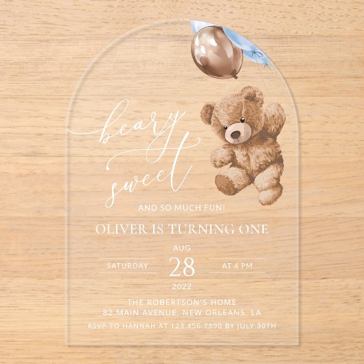 Invitations En Acrylique Ours En Joue, Ballons Bleus, Premier Anniversaire (Recto)