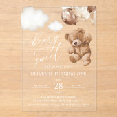 Invitations En Acrylique Ours En Joue, Ballons Brown, Premier Anniversaire (Recto)