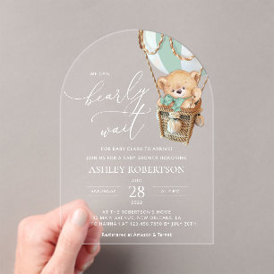 Invitations En Acrylique Ours en peluche, Ballon à air chaud vert, Baby sho