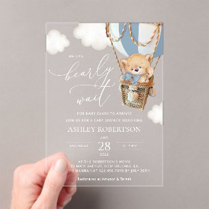 Invitations En Acrylique Ours en peluche, Bleu à air chaud, Baby shower