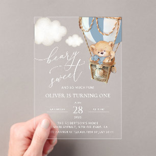 Invitations En Acrylique Ours en peluche, Bleu à air chaud, premier anniver