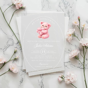 Invitations En Acrylique Ours en peluche rose gingham pour Baby Shower neut