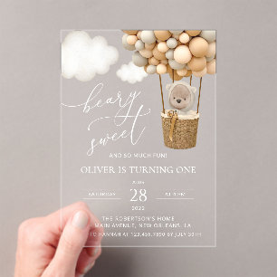 Invitations En Acrylique Ours mignon, Ballons Beiges, Premier Anniversaire