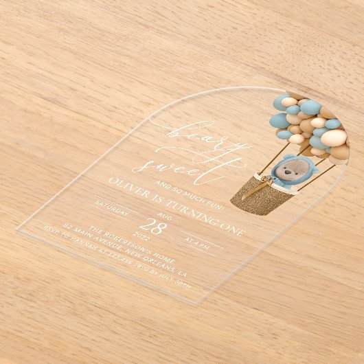 Invitations En Acrylique Ours mignon, Ballons Bleus, Premier Anniversaire (Poser)