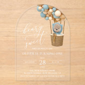 Invitations En Acrylique Ours mignon, Ballons Bleus, Premier Anniversaire (Recto)